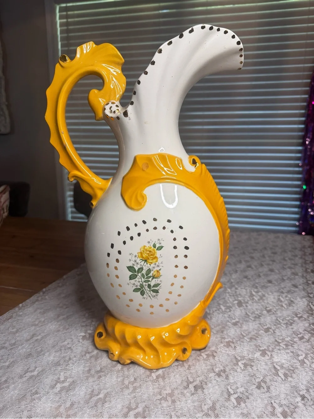 Yellow and White Decorative Floral Ceramic Pitcher - Home Accents